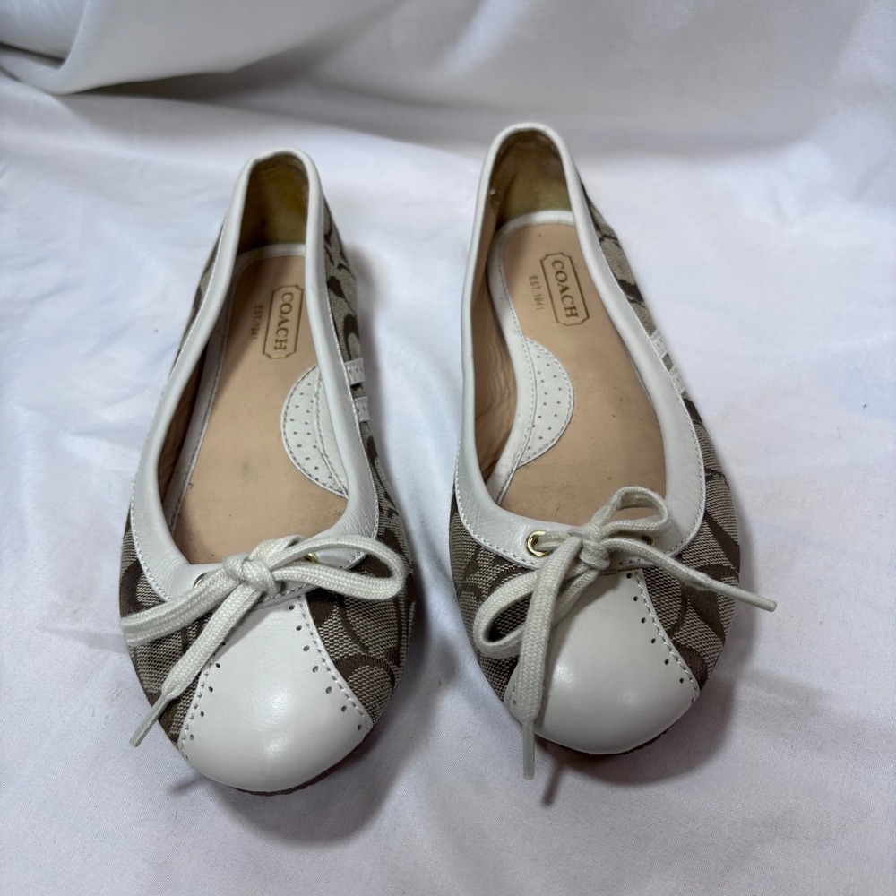 Coach Jana Ballet Flats Womens 6.5 Brown White Signature Monogram Bow SlipOn - Picture 5 of 9